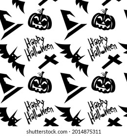 Vector seamless pattern of halloween icons pumpkins, witch head, text Happy Halloween for fabrics, paper, textile, gift wrap isolated on white background