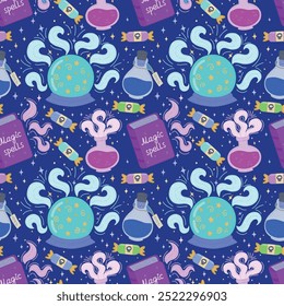 Vector seamless pattern for Halloween. Icons with potions, eyes, candies, lollipops for Halloween. Design elements, posters, book cover backgrounds, desktop wallpapers, design, graphics, invitations.