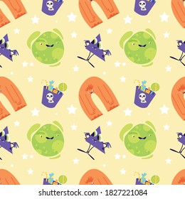 Vector seamless pattern with Halloween illustrations. Funny monsters and a bucket of sweets. Vector illustration for wrapping paper, textile, decorations.