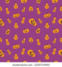 Vector seamless pattern with Halloween Jack latern or lamp, happy, spooky, tired, angry, cute pumpkin faces.