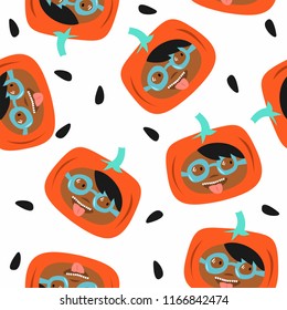 Vector seamless pattern "Halloween kids". Funny pumkin. 