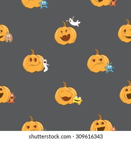 Vector seamless pattern to  Halloween with monsters, ghosts and pumpkins on  dark background.