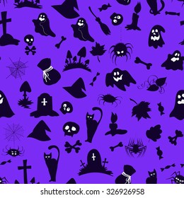 Vector seamless pattern with Halloween objects and creatures, in purple color.