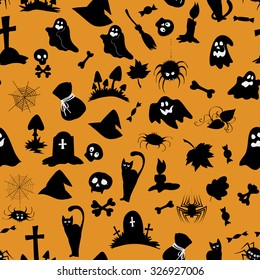Vector seamless pattern with Halloween objects and creatures, in black and orange colors.