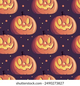 Vector seamless pattern for Halloween with orange smiling spooky pumpkins on dark blue background. Holiday backdrop for wrapping paper, fabric, textile, scrapbook.
