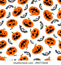 Vector seamless pattern for Halloween with orange pumpkins. Jack-o-Lantern with different faces and gray bats on a white background. It can be used for printing fabrics, wrapping paper, wallpaper.