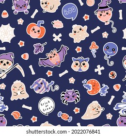 Vector Seamless Pattern of Halloween Patches. Stickers with Cute Kawaii halloween Characters: Ghosts, Balloons, Animals, Pumpkin, Skull etc. Background for Kids