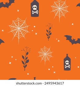 Vector seamless pattern for Halloween. Poison, spiderweb, bat on orange background. Abstract vector Illustration for print design