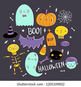 Vector seamless pattern for Halloween. Pumpkin, ghost, skull and other elements.Set of Halloween symbol, halloween collection. Cute cartoon characters and objects.