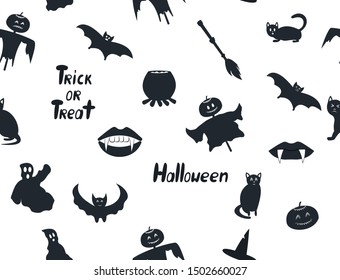 Vector seamless pattern for Halloween. Pumpkin, ghost, vampire lips, witch, scarecrow, cats on Halloween theme. White background