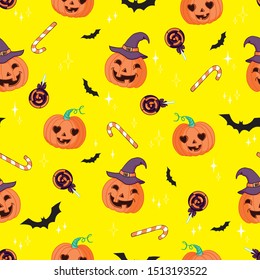 Vector seamless pattern for Halloween. Pumpkin, ghost, bat, candy, and other items on Halloween theme. Bright cartoon pattern for Halloween
