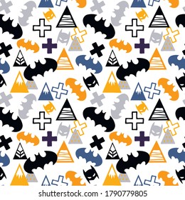 Vector seamless pattern for Halloween. Pumpkin, crosses, bat, masks and other Halloween-themed items. Bright cartoon template for Halloween