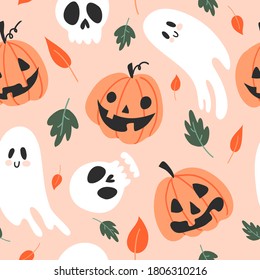 Vector seamless pattern for Halloween. Pumpkin, ghost and other items on Halloween theme. Bright cartoon pattern for Halloween