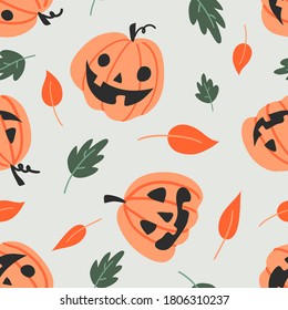 Vector seamless pattern for Halloween. Pumpkin and autumn leaf in doodle kids style. Bright cartoon pattern for Halloween