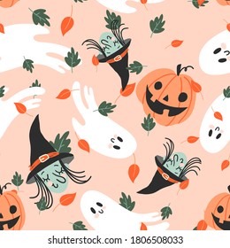 Vector seamless pattern for Halloween. Pumpkin, ghost, witch and other items on Halloween theme. Bright cartoon pattern for Halloween