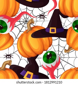 Vector seamless pattern for Halloween. Pumpkin, witch hat and cobweb, spider and eyeball. Bright cartoon vector illustration.