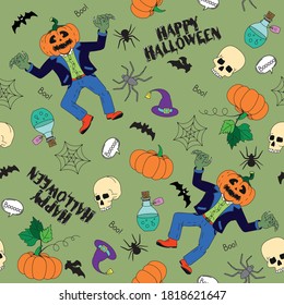 Vector seamless pattern for Halloween. Pumpkin, ghost, bat, candy, and other items on Halloween theme. Bright cartoon pattern for Halloween