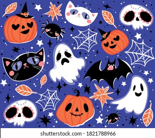 Vector seamless pattern for Halloween. Pumpkin, ghost, bat, cat, web and leaves. Bright cartoon template for Halloween