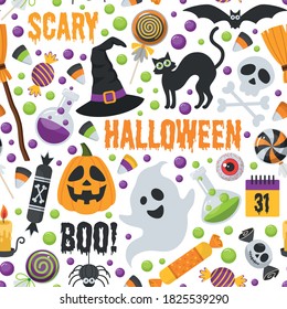 Vector seamless pattern for Halloween with pumpkin, ghost, bat, candy, cat and other traditional elements of Halloween.