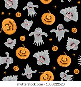 Vector seamless pattern for Halloween. Pumpkin, ghost and spider on the Halloween theme. Bright cartoon pattern for Halloween.	
