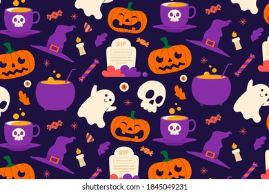 Vector seamless pattern for Halloween. Pumpkin, ghost, candy, and other items on Halloween theme. cute cartoon pattern for Halloween, isolated on dark background