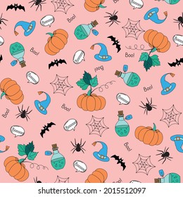 Vector seamless pattern for Halloween. Pumpkin, bat and other items on Halloween theme. Bright cartoon pattern for Halloween. suitable for children, not scary, pink background