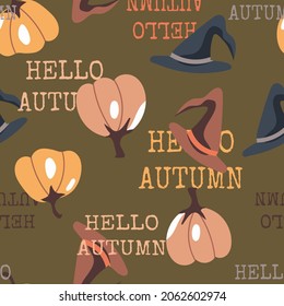 Vector seamless pattern for Halloween. Pumpkin, hat, lettering on the theme of Halloween.