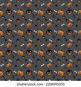 Vector Seamless pattern, Halloween pumpkin with skulls, bats, spiders, ghosts, bones, candies, spider web on black background. 