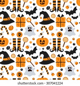 Vector seamless pattern for Halloween. Pumpkin, ghost, bat, candy, and other items on Halloween theme. Bright cartoon pattern for Halloween