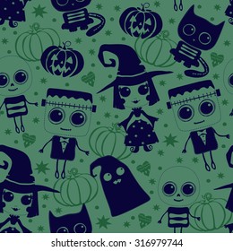 Vector seamless pattern for Halloween. Pumpkin, ghost, Frankenstein, witch, skeleton. Bright cartoon pattern for Halloween