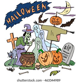 Vector seamless pattern for Halloween. Pumpkin, ghost, bat, bone, skull, witch, cauldron, grave and other items on  theme. Bright cartoon   