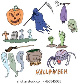 Vector seamless pattern for Halloween. Pumpkin, ghost, skull, brooms, spiders, death with a scythe, zombies, grave and other items on  theme. Bright cartoon   