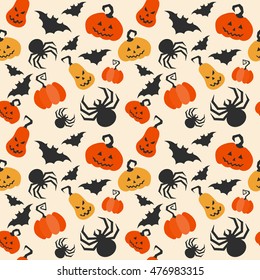 Vector seamless pattern for Halloween. Pumpkin, bat, spider and other items on Halloween theme. Bright cartoon pattern for Halloween