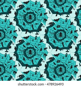 Vector  seamless pattern for Halloween. Pumpkin, ghost, bat, candy, and other items on Halloween theme. Bright cartoon pattern for Halloween
