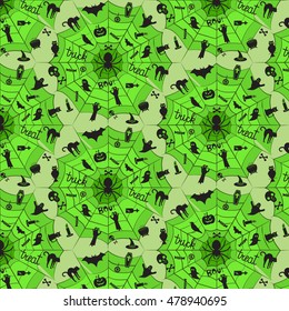 Vector  seamless pattern for Halloween. Pumpkin, ghost, bat, candy, and other items on Halloween theme. Bright cartoon pattern for Halloween
