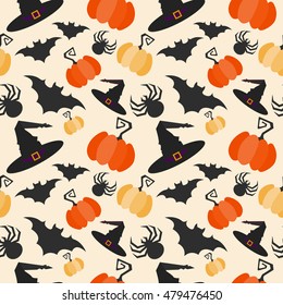 Vector seamless pattern for Halloween. Pumpkin, bat, spider and hat