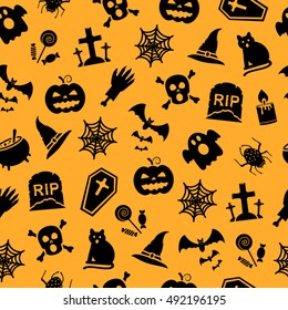 Vector seamless pattern for Halloween. Pumpkin, bat, scull, gravestone and different halloween shapes and objects.
