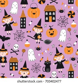 Vector seamless pattern for Halloween. Pumpkin, ghost, witch, cat, bat and candy on Halloween theme