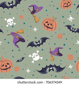 Vector seamless pattern for Halloween. Pumpkin, ghost, bat, candy, and other items on Halloween theme. Bright cartoon pattern for Halloween