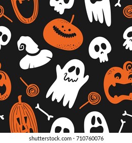 Vector seamless pattern for Halloween. Pumpkin, ghost, candy, and other items on Halloween theme.