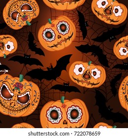 Vector seamless pattern for Halloween. Pumpkin and night bat on the Halloween theme. Bright cartoon pattern for Halloween.