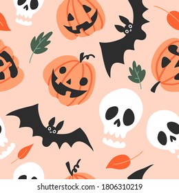 Vector seamless pattern for Halloween. Pumpkins, bats, skulls and autumn leaves in doodle childish style. Bright cartoon pattern for Halloween