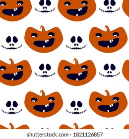 Vector seamless pattern with halloween pumpkins and sceleton style for fabrics, paper, textile, gift wrap isolated on white background