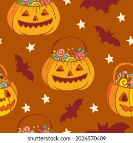 Vector seamless pattern for Halloween. Pumpkins with sweets, bats and stars. Halloween theme. Bright cartoon pattern for Halloween. For print, design, decor.