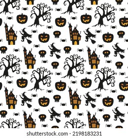 Vector seamless pattern for Halloween with pumpkins, old haunted houses, dead trees, skulls, witches and spiders. Holiday season background for wallpaper, wrapping paper, fabric, textile, scrapbook.