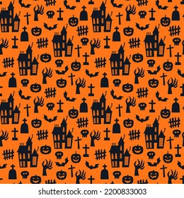 Vector seamless pattern for Halloween with pumpkins, old haunted houses, gravestones, skulls, crosses and bats on orange background. Holiday backdrop for wrapping paper, fabric, textile, scrapbook.