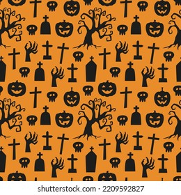 Vector seamless pattern for Halloween with pumpkins, dead trees, gravestones, skulls, zombie arms on orange background. Holiday backdrop for wrapping paper, fabric, textile, scrapbook.