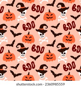 Vector seamless pattern for Halloween. Pumpkins, bats, skulls in doodle style. Bright cartoon background for Halloween.