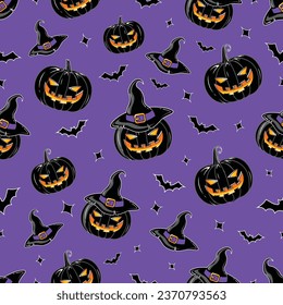 Vector seamless pattern of halloween pumpkins with witch hats, silhouette bats and stars printable texture background repeatable wallpaper on purple color background Scary Trick or Treat wallpaper.