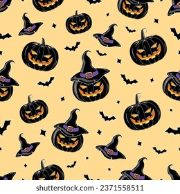 Vector seamless pattern of halloween pumpkins with witch hats, silhouette bats and stars printable texture background repeatable wallpaper on yellow color background Scary Trick or Treat wallpaper.